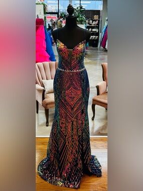 Multicolor Sequin Fitted Prom Dress with Deep V Neck